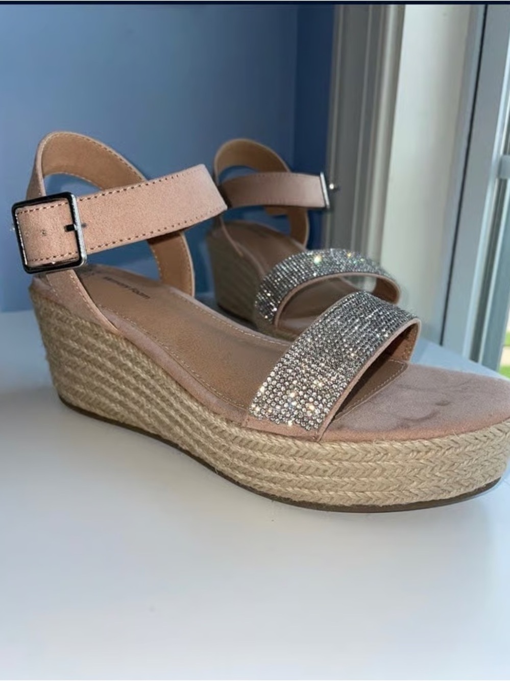 Time and Tru Blush Pink Wedge Sandal with Rhinestone Straps